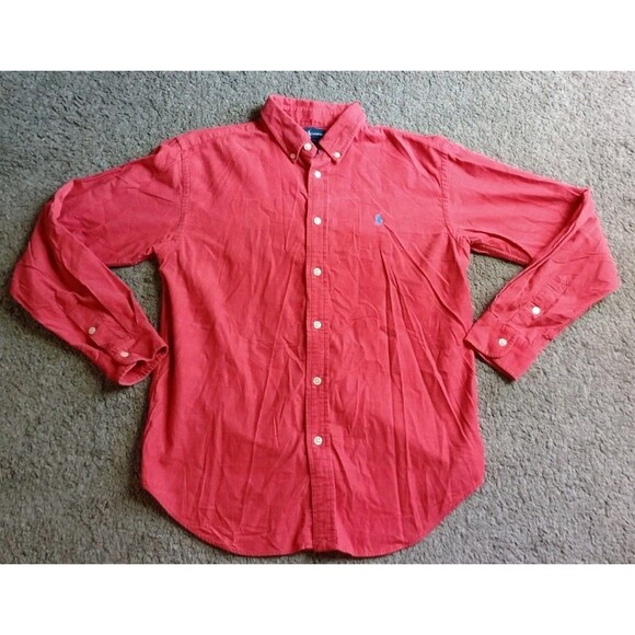 Ralph Lauren Classic Fit Button Down Corduroy Shirt Red Mens L (16-18) Preppy - Picture 1 of 5